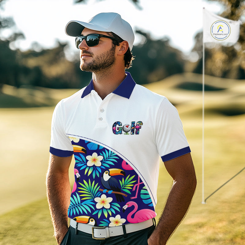 Funny Mens Golf Polo Shirt Custom Toucan Tropical Pattern, Flamingo Golf Shirt For Men NHN0205
