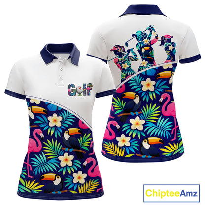 Funny Womens Golf Polo Shirt Custom Toucan Tropical Pattern, Flamingo Golf Shirt For Ladies NHN0205