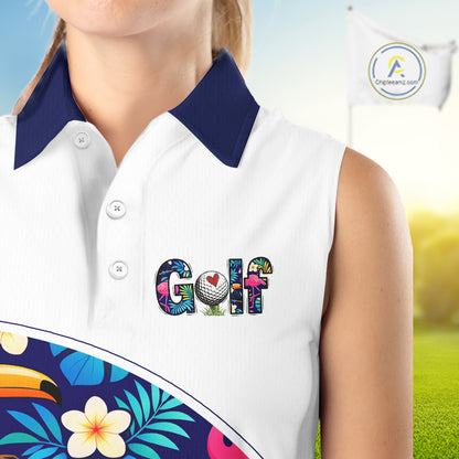 Funny Womens Sleeveless Golf Polo Shirt Custom Toucan Tropical Pattern, Flamingo Golf Shirt For Ladies NHN0205