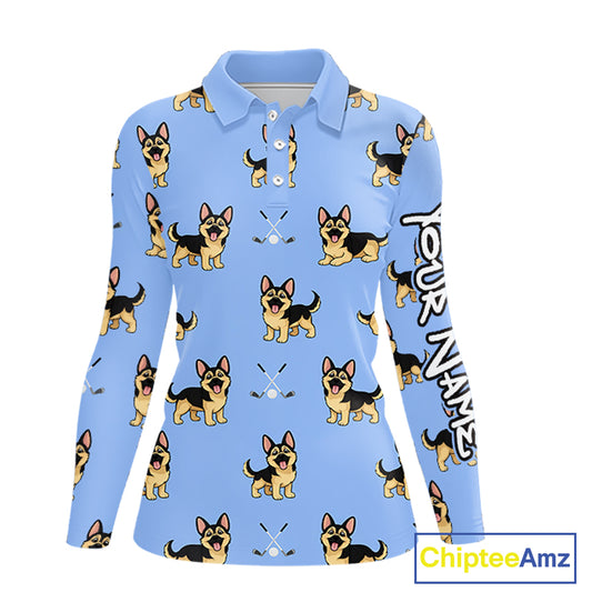 Womens Long Sleeve Golf Polo Shirt Custom Funny German Shepherd Team Ladies Golf Tops, Dog Lover Gift NHN0213