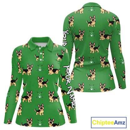 Funny German Shepherd Womens Long Sleeve Golf Polo Shirt Custom Green Team Golf Tops, Dog Lover Gift NHN0213