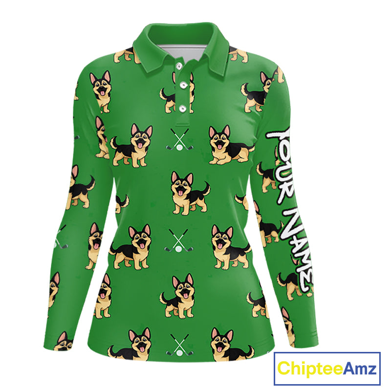Funny German Shepherd Womens Long Sleeve Golf Polo Shirt Custom Green Team Golf Tops, Dog Lover Gift NHN0213