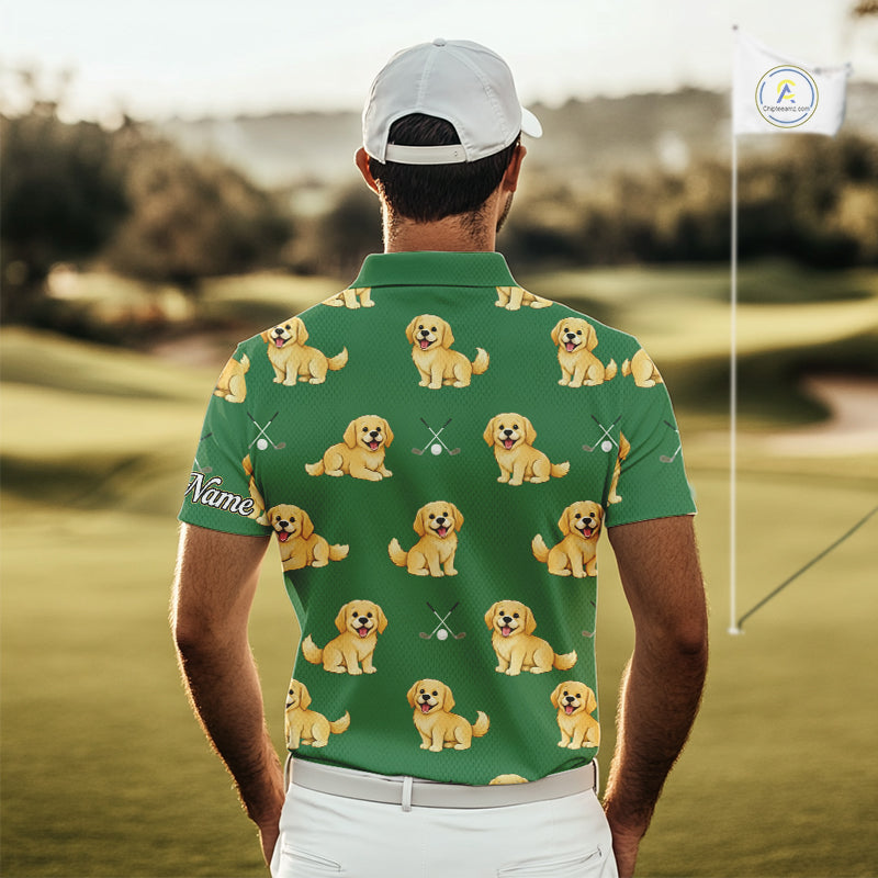 Golden Retriever Mens Golf Polo Shirt Custom Funny Green Pattern Team Mens Golf Tops, Dog Lover Gift NHN0214