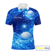 Load image into Gallery viewer, Personalized Mens Golf Polo Shirt Blue Water Splash Golf Ball Custom Name Golf Tops For Team NHN0221