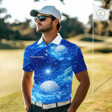 Load image into Gallery viewer, Personalized Mens Golf Polo Shirt Blue Water Splash Golf Ball Custom Name Golf Tops For Team NHN0221