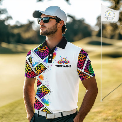 Rainbow Mens Golf Polo Shirt Leopard Print Pattern Custom Team Golf Tops For Men, Golf Gifts NHN0228