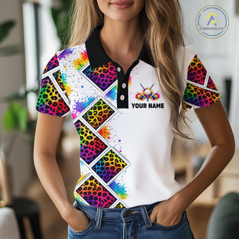 Rainbow Womens Golf Polo Shirt Leopard Print Pattern Custom Team Ladies Golf Top, Golf Gift NHN0228