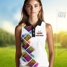 Load image into Gallery viewer, Rainbow Womens Sleeveless Golf Polo Shirt Leopard Print Pattern Custom Team Ladies Golf Top, Golf Gift NHN0228