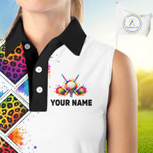 Load image into Gallery viewer, Rainbow Womens Sleeveless Golf Polo Shirt Leopard Print Pattern Custom Team Ladies Golf Top, Golf Gift NHN0228