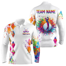 Load image into Gallery viewer, Watercolor Argyle Pattern Long Sleeve Golf Polo Shirt Custom White Golf Clubs Golf Shirts For Men NHN0006