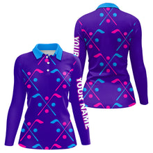 Load image into Gallery viewer, Long Sleeve Golf Polo Shirt For Women Blue Purple Pink Custom Golf Balls &amp; Golf Clubs, Team Golf Shirt NHN0105