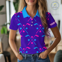 Load image into Gallery viewer, Womens Golf Polo Shirts Blue Purple Pink Custom Golf Balls And Golf Clubs Pattern, Team Golf Shirt NHN0105