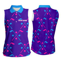 Load image into Gallery viewer, Womens Sleeveless Golf Polo Shirt Blue Purple Pink Custom Golf Balls And Golf Clubs, Team Golf Shirt NHN0105