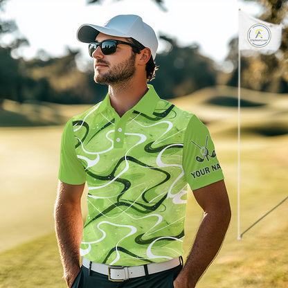 Green And White Mens Golf Polo Shirts Custom Green Camo Golf Tops For Men, Personalized Golf Gifts NHN0111