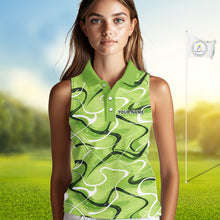 Load image into Gallery viewer, Green And White Womens Sleeveless Golf Polo Shirt Custom Green Camo Golf Tops, Personalized Golf Gifts NHN0111