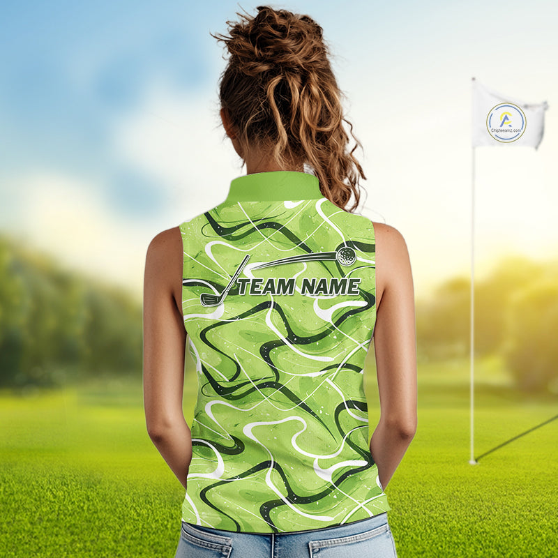 Green And White Womens Sleeveless Golf Polo Shirt Custom Green Camo Golf Tops, Personalized Golf Gifts NHN0111