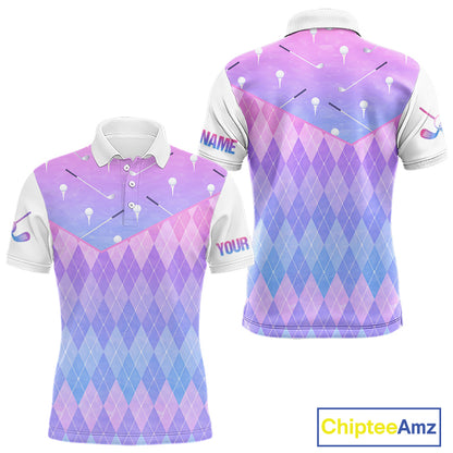 Argyle Golf Polo Shirt For Men Custom Pink & Purple Plaid Golf Clubs Pattern Team Golf Top, Golf Gifts NHN0114