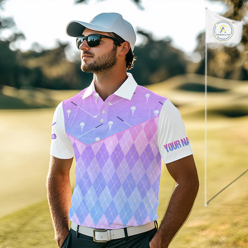 Argyle Golf Polo Shirt For Men Custom Pink & Purple Plaid Golf Clubs Pattern Team Golf Top, Golf Gifts NHN0114