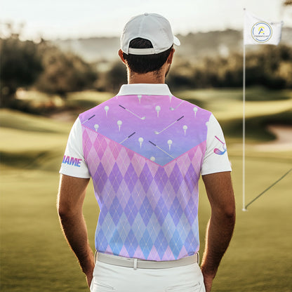 Argyle Golf Polo Shirt For Men Custom Pink & Purple Plaid Golf Clubs Pattern Team Golf Top, Golf Gifts NHN0114