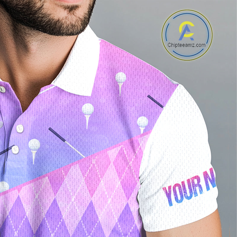 Argyle Golf Polo Shirt For Men Custom Pink & Purple Plaid Golf Clubs Pattern Team Golf Top, Golf Gifts NHN0114