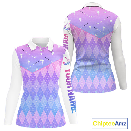 Argyle Womens Long Sleeve Golf Polo Shirt Custom Pink & Purple Plaid Golf Clubs Pattern Team Golf Top NHN0114
