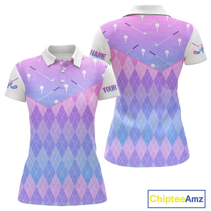Argyle Golf Polo Shirt For Women Custom Pink & Purple Golf Clubs Plaid Team Golf Top, Golf Gifts NHN0114