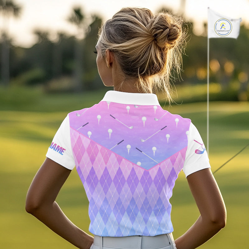 Argyle Golf Polo Shirt For Women Custom Pink & Purple Golf Clubs Plaid Team Golf Top, Golf Gifts NHN0114