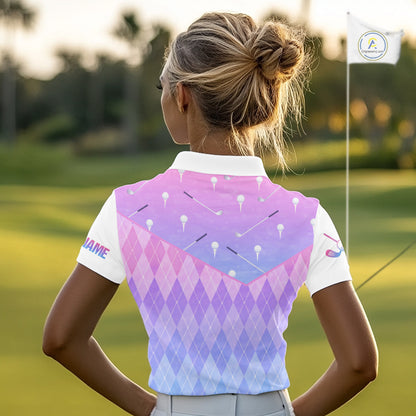 Argyle Golf Polo Shirt For Women Custom Pink & Purple Golf Clubs Plaid Team Golf Top, Golf Gifts NHN0114