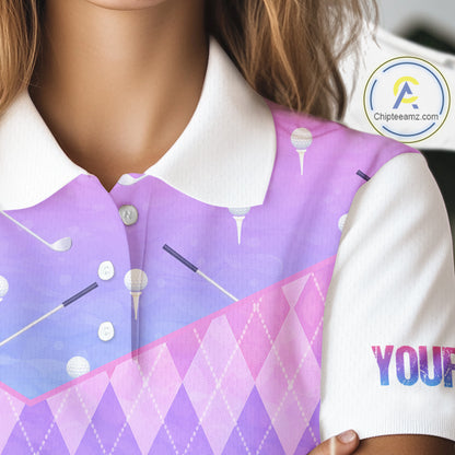 Argyle Golf Polo Shirt For Women Custom Pink & Purple Golf Clubs Plaid Team Golf Top, Golf Gifts NHN0114
