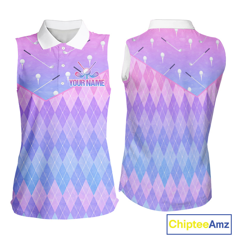 Argyle Womens Sleeveless Golf Polo Shirt Custom Pink & Purple Golf Clubs Plaid Team Golf Top NHN0114