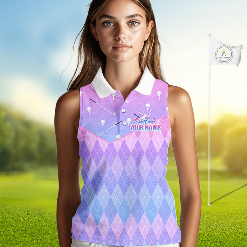 Argyle Womens Sleeveless Golf Polo Shirt Custom Pink & Purple Golf Clubs Plaid Team Golf Top NHN0114