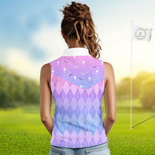 Load image into Gallery viewer, Argyle Womens Sleeveless Golf Polo Shirt Custom Pink &amp; Purple Golf Clubs Plaid Team Golf Top NHN0114