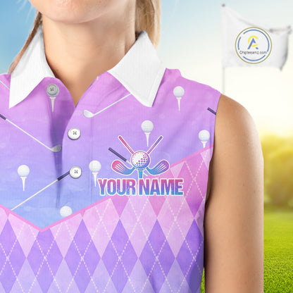 Argyle Womens Sleeveless Golf Polo Shirt Custom Pink & Purple Golf Clubs Plaid Team Golf Top NHN0114