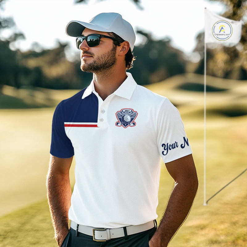 Blue And White Golf Polo Shirt, Custom Name Mens Golf Polo Shirts, Personalized Golf Gifts NHN0117