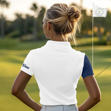 Load image into Gallery viewer, Blue And White Golf Polo Shirt, Custom Name Womens Golf Polo Shirts, Personalized Golf Gifts NHN0117