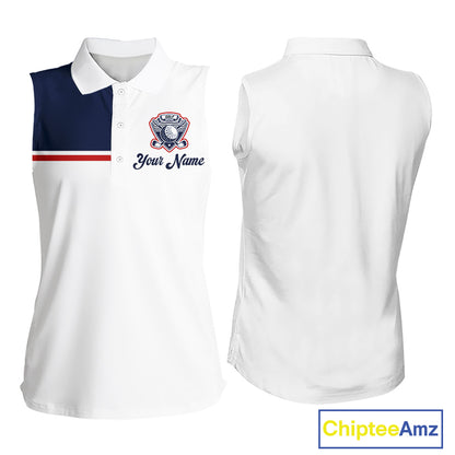Blue And White Golf Polo Shirt, Custom Name Womens Sleeveless Golf Polo Shirt, Personalized Golf Gifts NHN0117