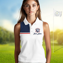 Load image into Gallery viewer, Blue And White Golf Polo Shirt, Custom Name Womens Sleeveless Golf Polo Shirt, Personalized Golf Gifts NHN0117