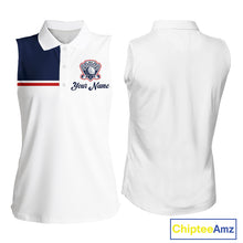 Load image into Gallery viewer, Blue And White Golf Polo Shirt, Custom Name Womens Sleeveless Golf Polo Shirt, Personalized Golf Gifts NHN0117
