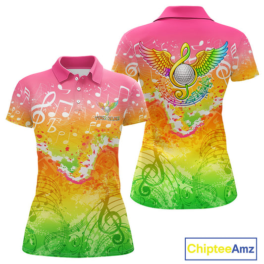 Womens Golf Polo Shirt Colorful Music Angel Wing Golf Ball Custom Golf Top For Team, Golfer Gift NHN0130