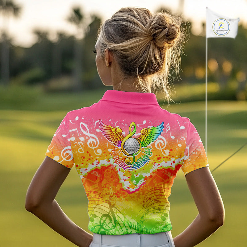 Womens Golf Polo Shirt Colorful Music Angel Wing Golf Ball Custom Golf Top For Team, Golfer Gift NHN0130