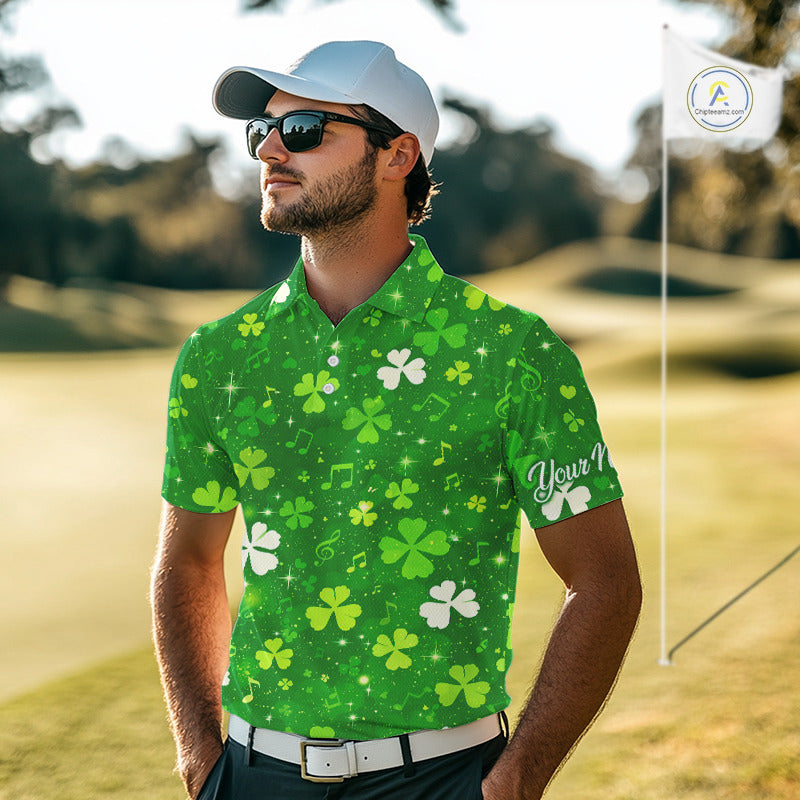 Mens Golf Polo Shirt Custom Green Music Angel Wing Golf Ball St Patricks Day Golf Shirts, Golf Gifts NHN0132