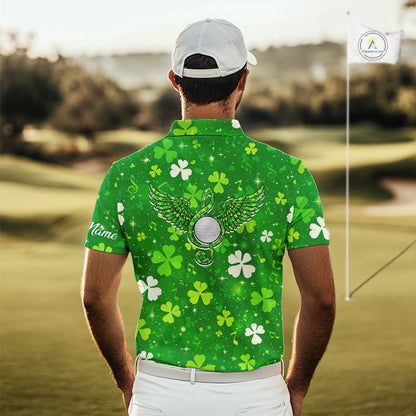 Mens Golf Polo Shirt Custom Green Music Angel Wing Golf Ball St Patricks Day Golf Shirts, Golf Gifts NHN0132