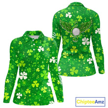 Load image into Gallery viewer, Womens Long Sleeve Golf Polo Shirt Custom Green Music Angel Wing Golf Ball St Patricks Day Golf Shirts NHN0132