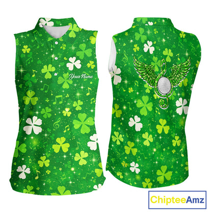 Womens Sleeveless Golf Polo Shirt Custom Green Music Angel Wing Golf Ball St Patricks Day Golf Shirts NHN0132