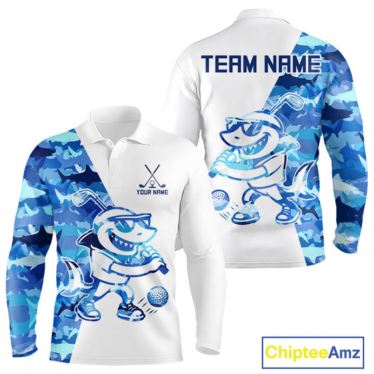 Mens Long Sleeve Golf Tops Polo Blue Shark Pattern Golf Clubs Custom Name Funny Golf Shirts NHN0002