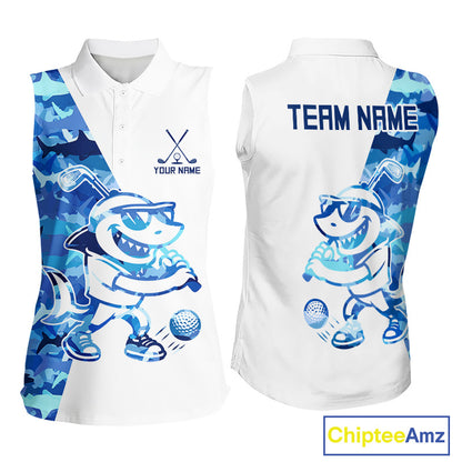 Funny Golf Sleeveless Polo Shirt Custom Blue Shark Camo Pattern Golf Attire For Women Nhn0047 NHN0002