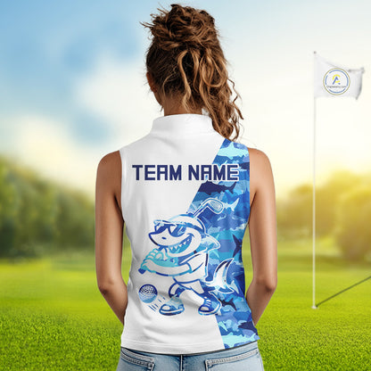 Funny Golf Sleeveless Polo Shirt Custom Blue Shark Camo Pattern Golf Attire For Women Nhn0047 NHN0002
