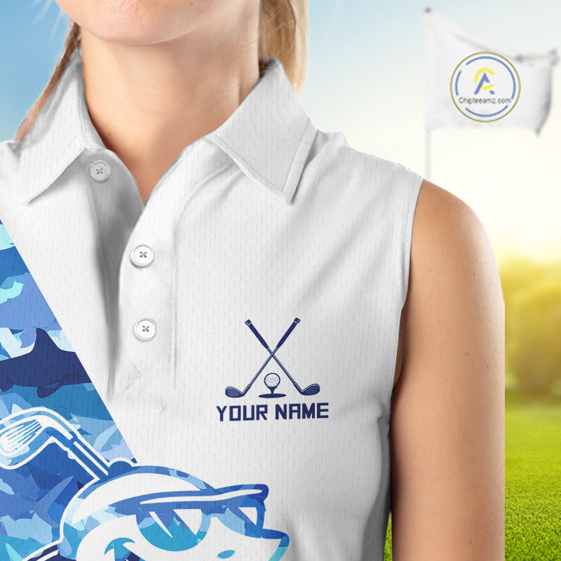Funny Golf Sleeveless Polo Shirt Custom Blue Shark Camo Pattern Golf Attire For Women Nhn0047 NHN0002