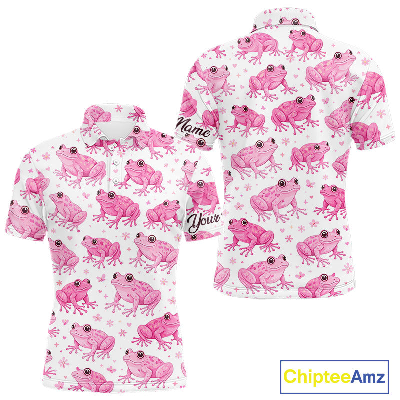 Funny Pink Frog Pattern Mens Golf Polo Shirts Custom Golf Attire For Men Personalized Golfer Gifts NHN0134
