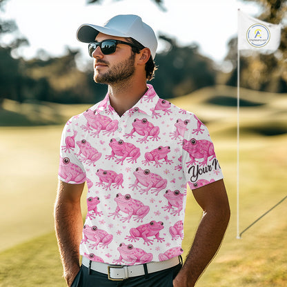 Funny Pink Frog Pattern Mens Golf Polo Shirts Custom Golf Attire For Men Personalized Golfer Gifts NHN0134